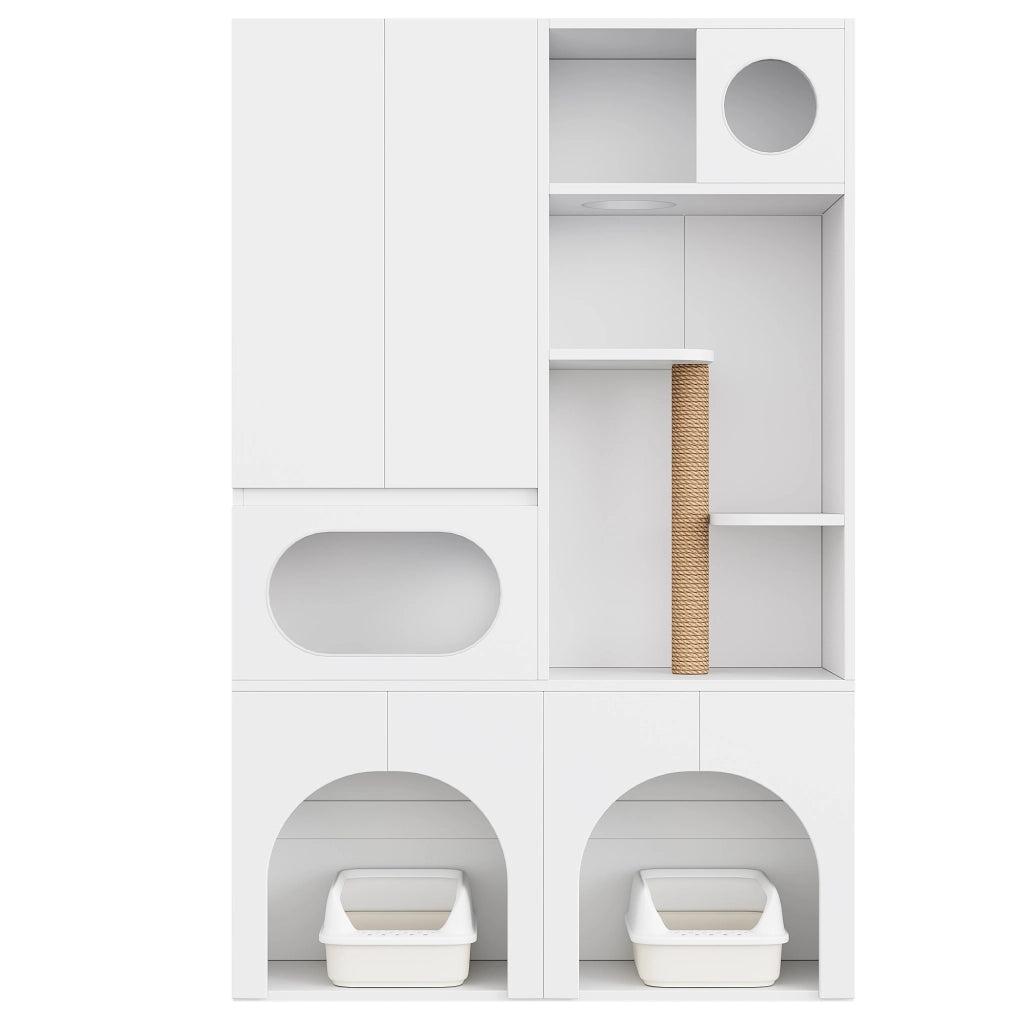 Mobile Lettiera per 2 Gatti 140×45×195 cm con Tiragraffi in Sisal; Ripiani e Zona Riposo; Bianco