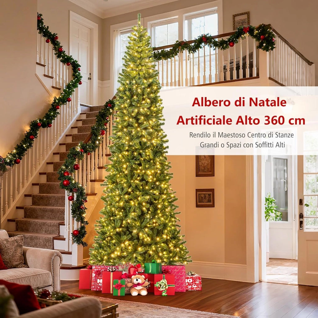 Albero di Natale Artificiale Pre-illuminato 360 cm con 2536 Rami in PVC, 1030 Luci LED Bianco Caldo, Albero di Natale da Interno ed Esterno, Connettore di Alimentazione Rapido