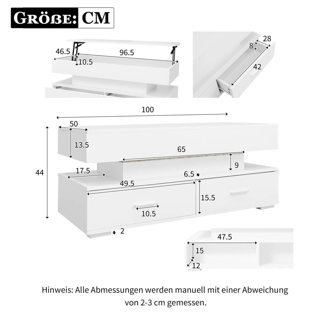 Tavolino da caffè sollevabile 100x50x44 cm bianco con LED; 2 cassetti e vano a vista