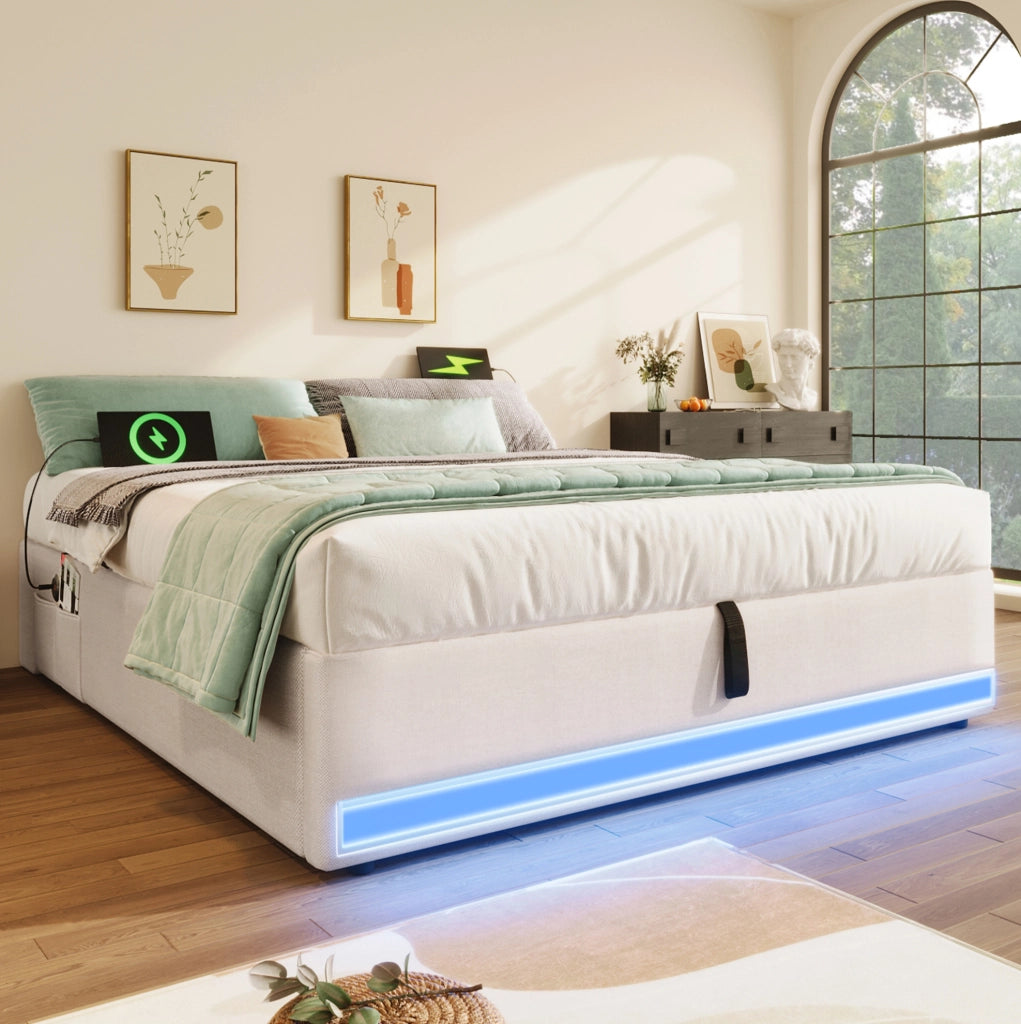 Letto imbottito 140x200 cm senza testiera con LED; USB e Type-C; contenitore idraulico; beige