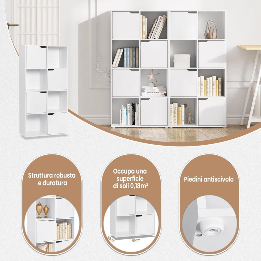 Libreria Autoportante, Libreria Bianca a 8 Cubi Portaoggetti, Porta Libri con 4 Ante, Scaffale Portaoggetti per Soggiorno, Ufficio, Studio, in Legno, SK039ws