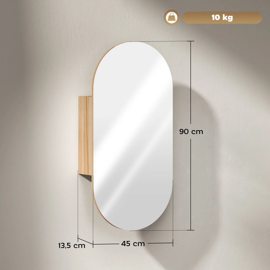 Armadietto bagno con specchio ovale 45x90 cm ¨C zephmum ¨C legno naturale