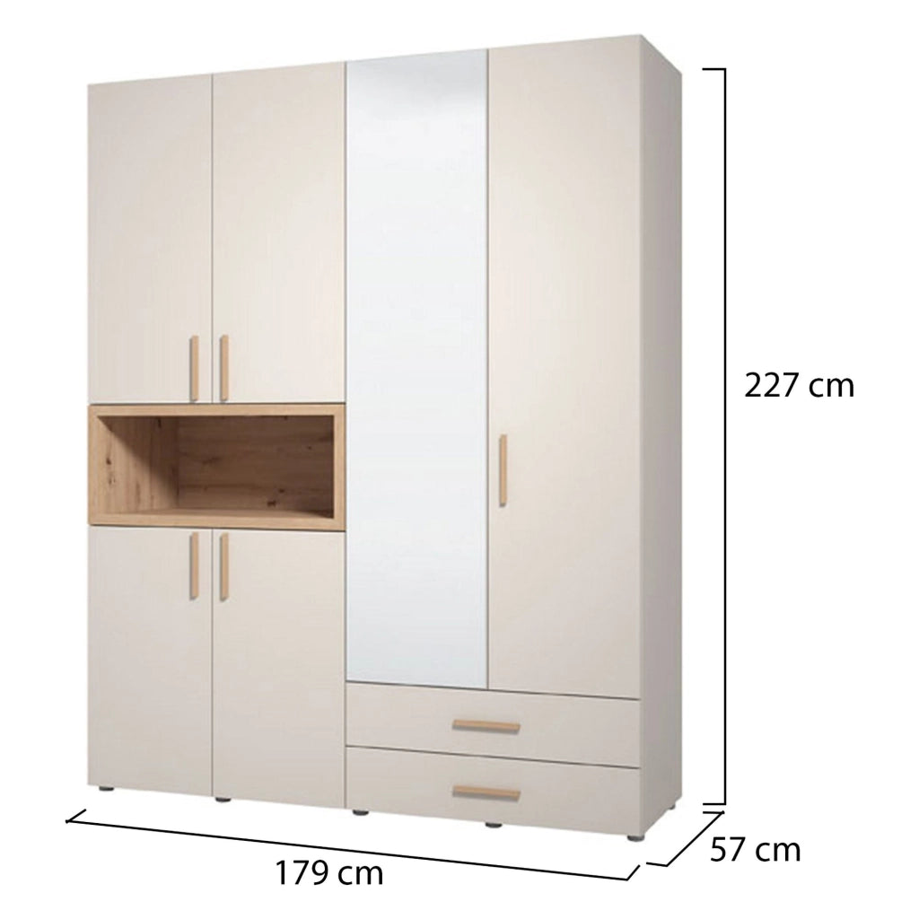 Armadio Camera da Letto Merlino, Guardaroba Grande 2 Cassetti, 179x226.5h cm Bianco Crema
