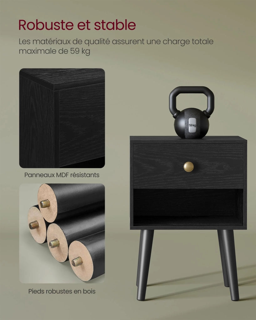Comodini/tavolini con cassetto e vano aperto gambe in legno 28 x 39 x 55 cm tavolini per soggiorno camera da letto divano nero 12_0007700