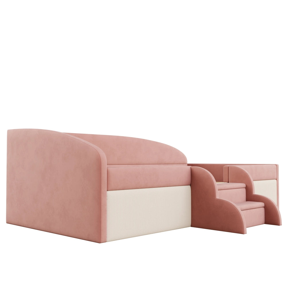 Letto imbottito 90x190 cm con scalini e sponde; velluto rosa e bianco