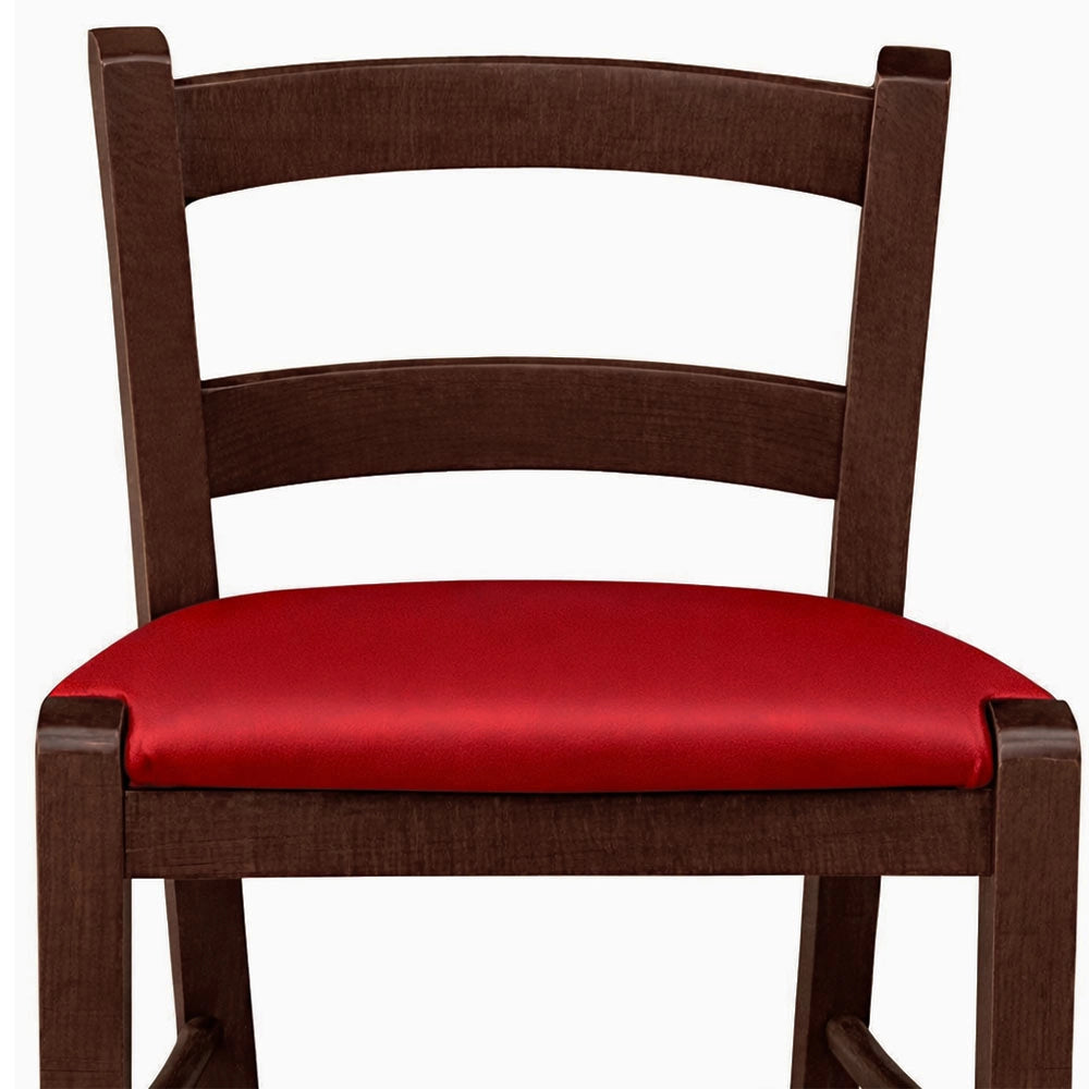 Sgabello in legno noce scuro h 67 cm con seduta imbottita in similpelle rossa