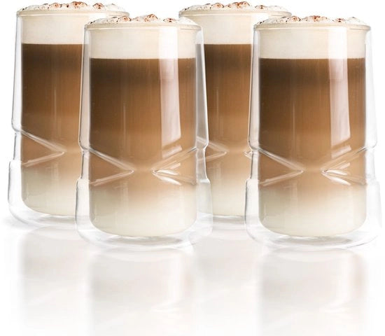 Set di bicchieri a caldo in vetro temperato 350 ml - Doppio strato - Set da 4 - Bicchieri per caffè termoresistente - Stile moderno - Bere comodamente