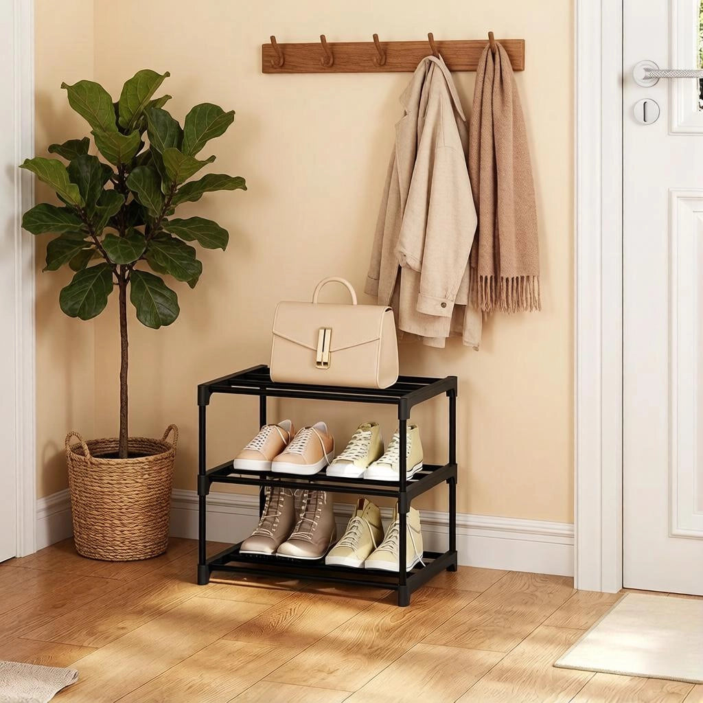 Scarpiera aperta a 3 ripiani con struttura in metallo - per ingresso - 42×30×37 cm - nero