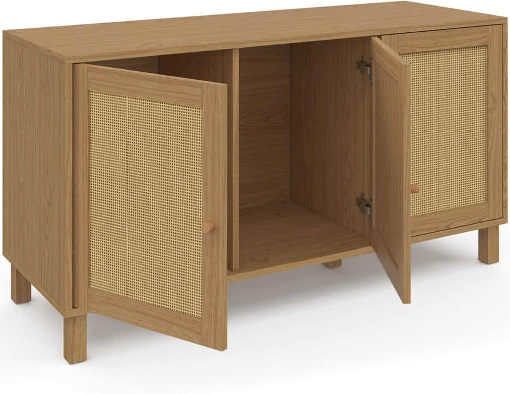 HANAE Aparador bajo vintage de 3 puertas con efecto caña natural 113 cm
