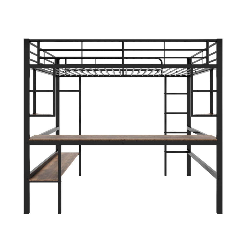 Letto a soppalco ULEVR 140x200 cm in metallo nero con scrivania, libreria e 4 ripiani