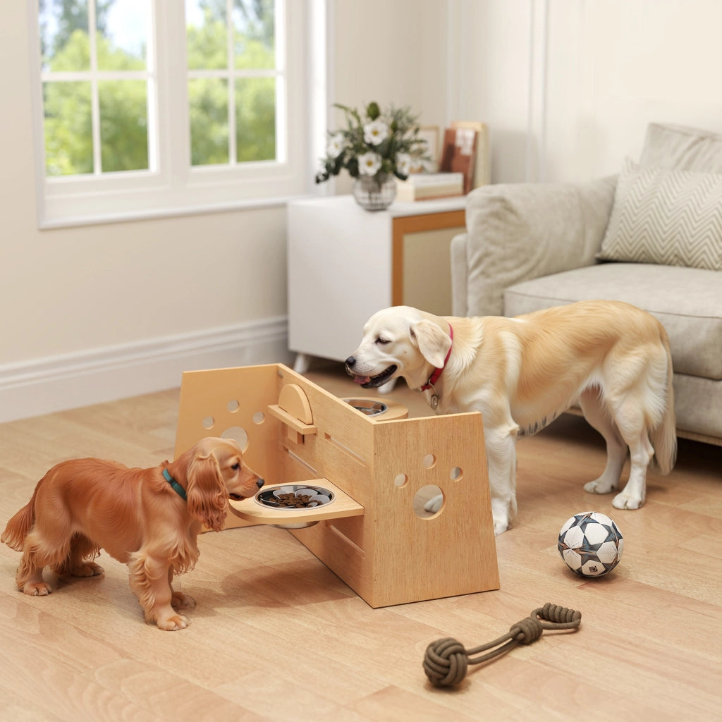 Supporto Ciotole per Cani Regolabile ¨C Xylo ¨C 3 Altezze 2 Ciotole Inox 63x58,5x40cm Rovere