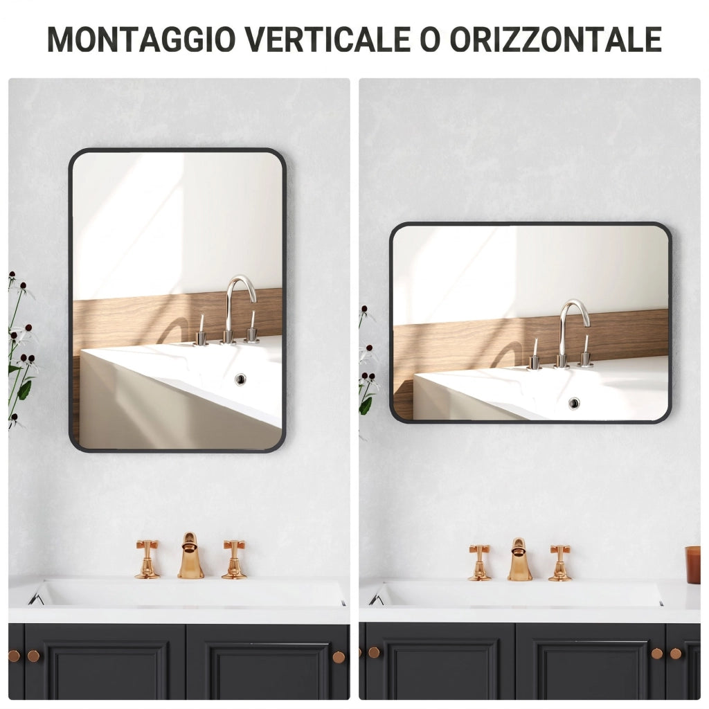 Specchio Bagno con Cornice in Metallo e Gancio, 50x2.5x70 cm, Nero