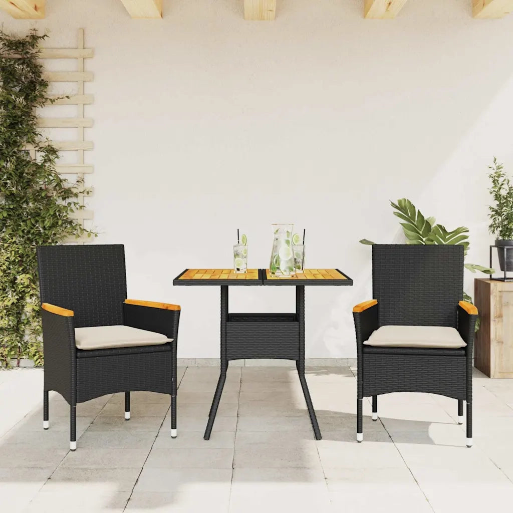 Set Pranzo da Giardino 3 pz | Set Salotto da Giardino con Cuscini Nero Polyrattan Acacia