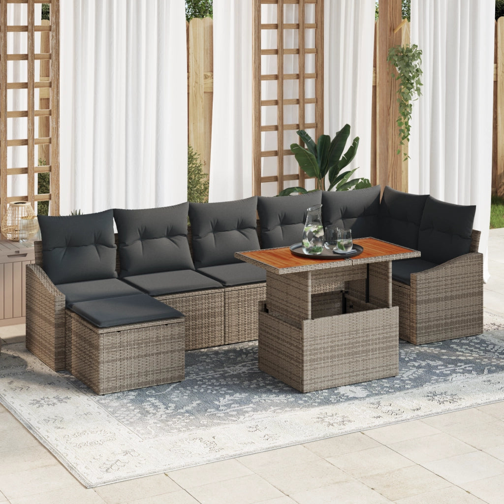 Set da Pranzo da Giardino 8 Pezzi con Cuscini Grigio Polyrattan Acacia