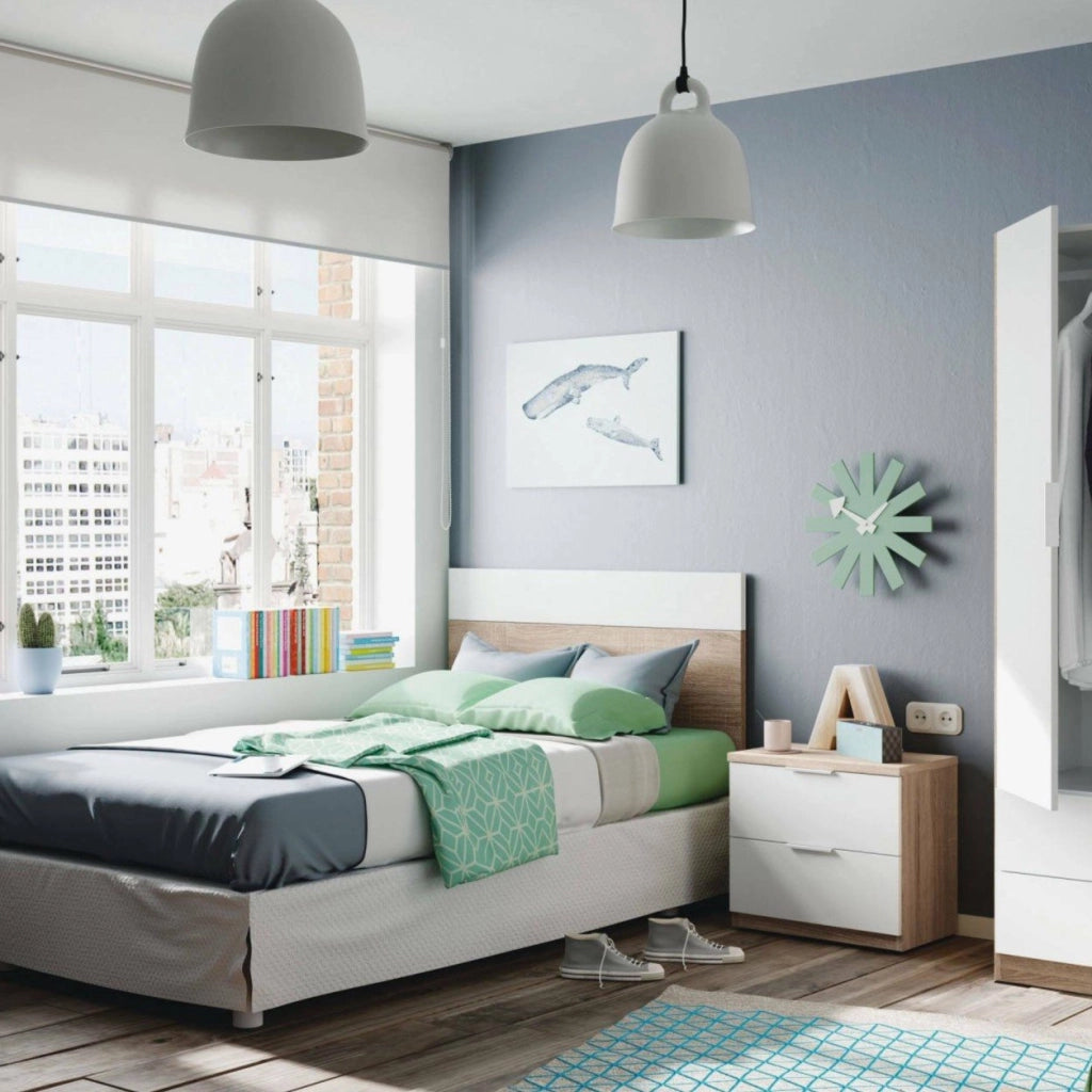 Comodino Aleangy, Comodino a due cassetti con testiera per letto singolo da 90 cm, cm 150 x 50 x 38, cm 50x38h75, Rovere e Bianco