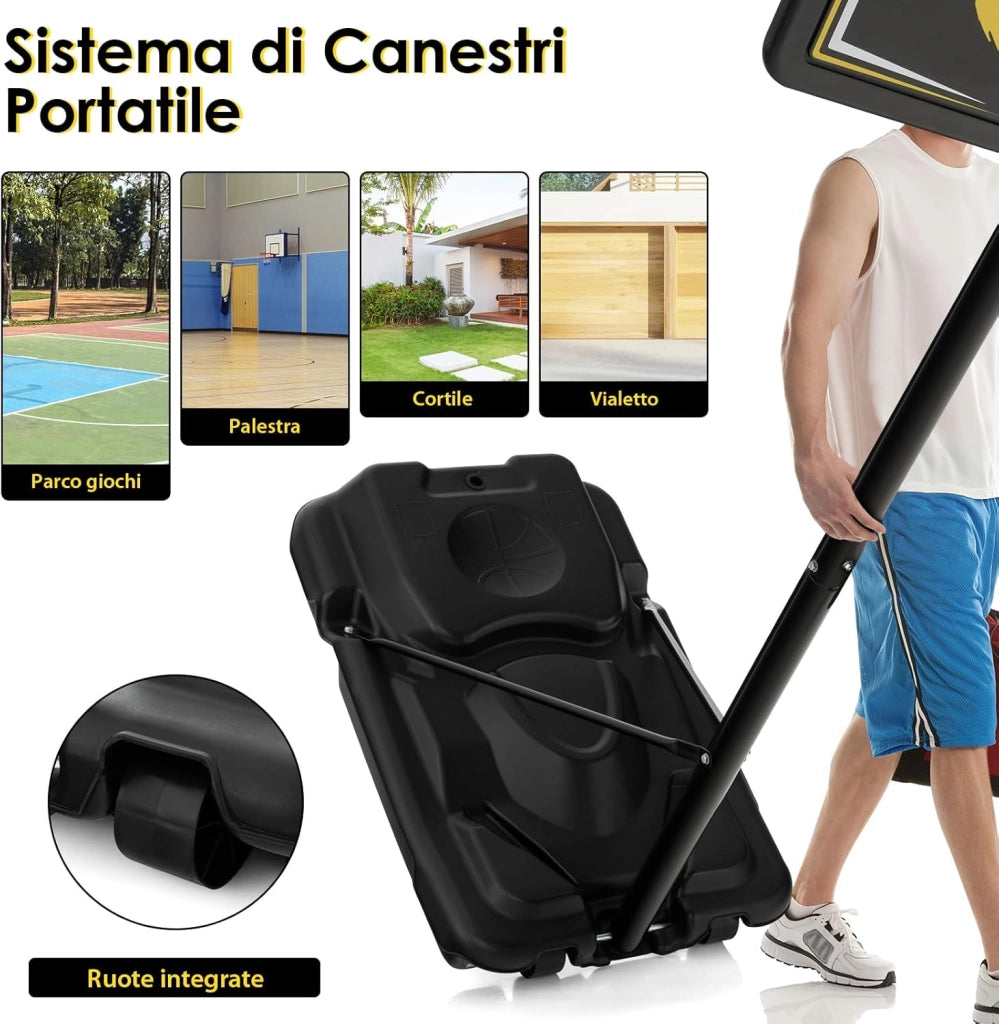 Canestro da Basket Portatile e Regolabile 130-305 cm con Ruote e Base Riempibile, Canestro da Basket Resistente alle Intemperie da Esterno ed Interno per Ragazzi e Adulti