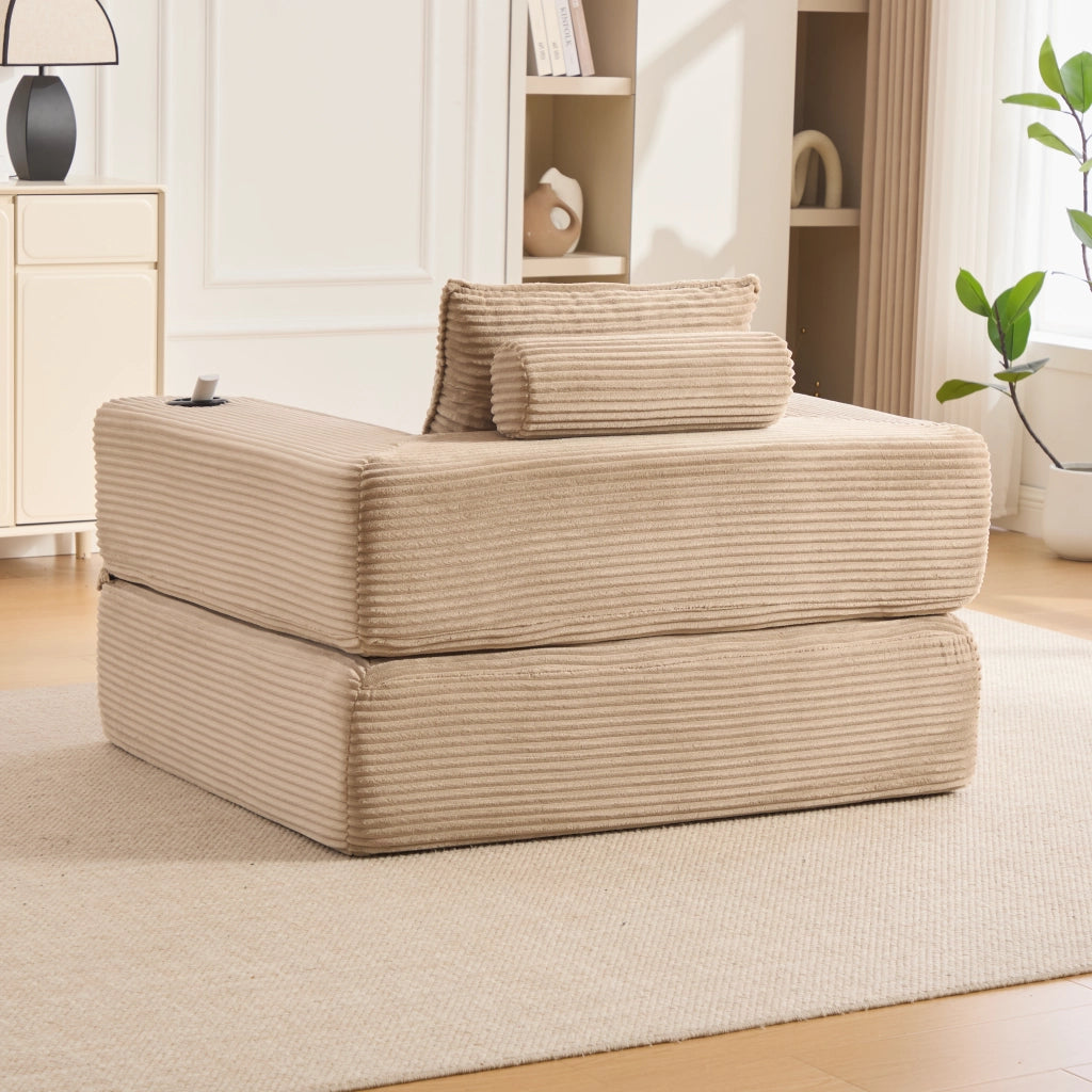 Divano letto in velluto a coste con cuscini in memory foam, tasche laterali e portabicchieri, kaki 122 × 98 × 80 cm