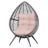 Poltrona da Esterno in Rattan a Goccia Stile Boho con Cuscino, 101x89x156cm Grigio e Beige