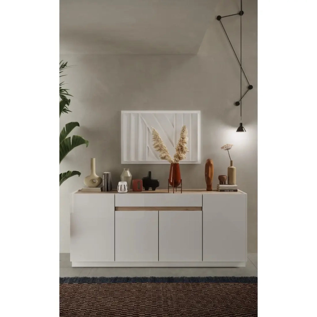 Buffet 4 porte 1 cassetto collezione FANZY. Color bianco lucido & rovere Cadiz.
