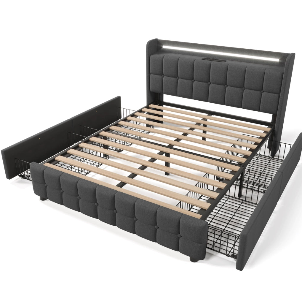 Letto matrimoniale con 4 cassetti; USB; LED e testiera 160x200 cm; grigio