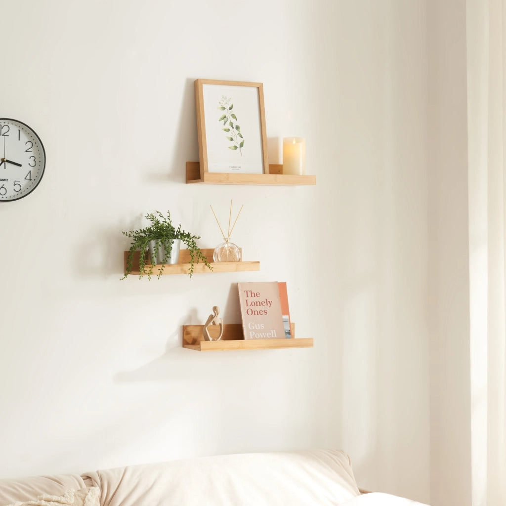 set Gildeskål di 3 Mensole da Muro Piani con Bordi Anticaduta - Bambù Naturale [en.casa]