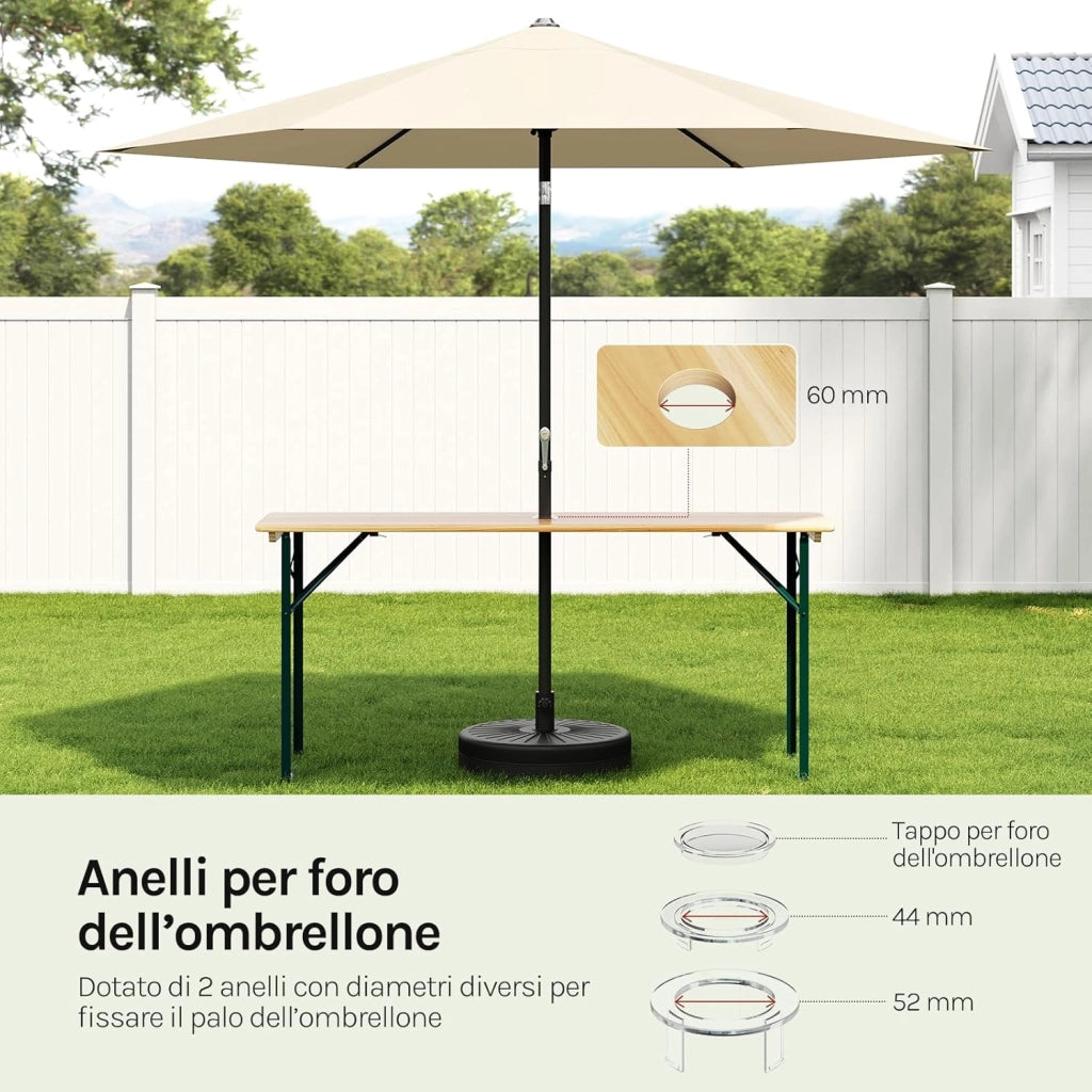 Set Birreria 3 Pezzi con Tavolo e 2 Panche Pieghevoli, Set Giardino Esterno con Anelli per Ombrellone, Resistente alle Intemperie e Facile da Pulire, per Campeggio, Terrazza, in Legno Naturale