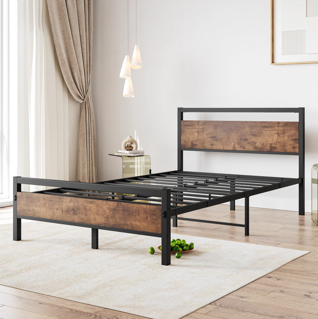 Letto singolo 140x200 cm in metallo e MDF marrone antico con rete a doghe e contenitore