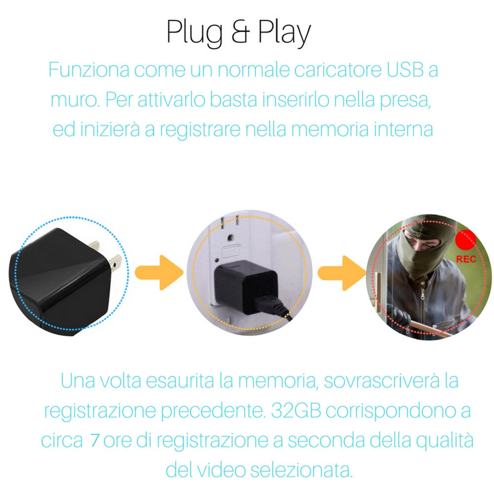 Trade Shop - Telecamera Nascosta Spycam Caricatore Batteria Smartphone Adattatore Usb 32gb Hd -