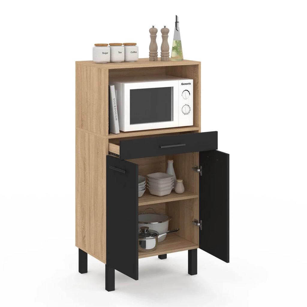 IDMarket - Credenza CINA 60 cm in faggio e nero per microonde di fascia media con 1 cassetto e 2 ante