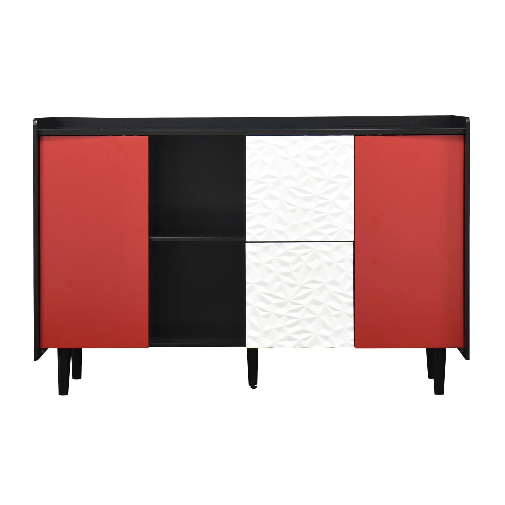 Credenza Moderna con Cassetti ¨C MINIMAL ¨C Nero, Ante Rosse, 2 Ripiani Aperti