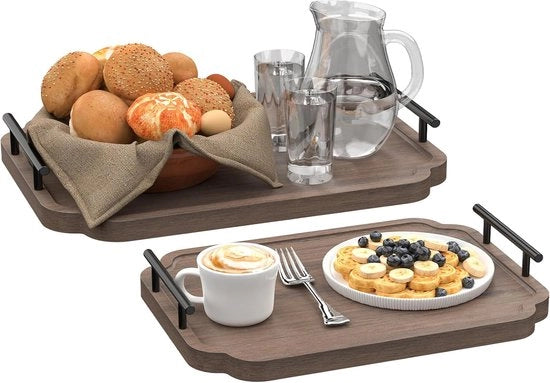 Scatola per Servizio con Maniglie in Legno - Scatola per Colazione - 2 Pezzi - Colore Noce - 40x30cm e 35x25cm