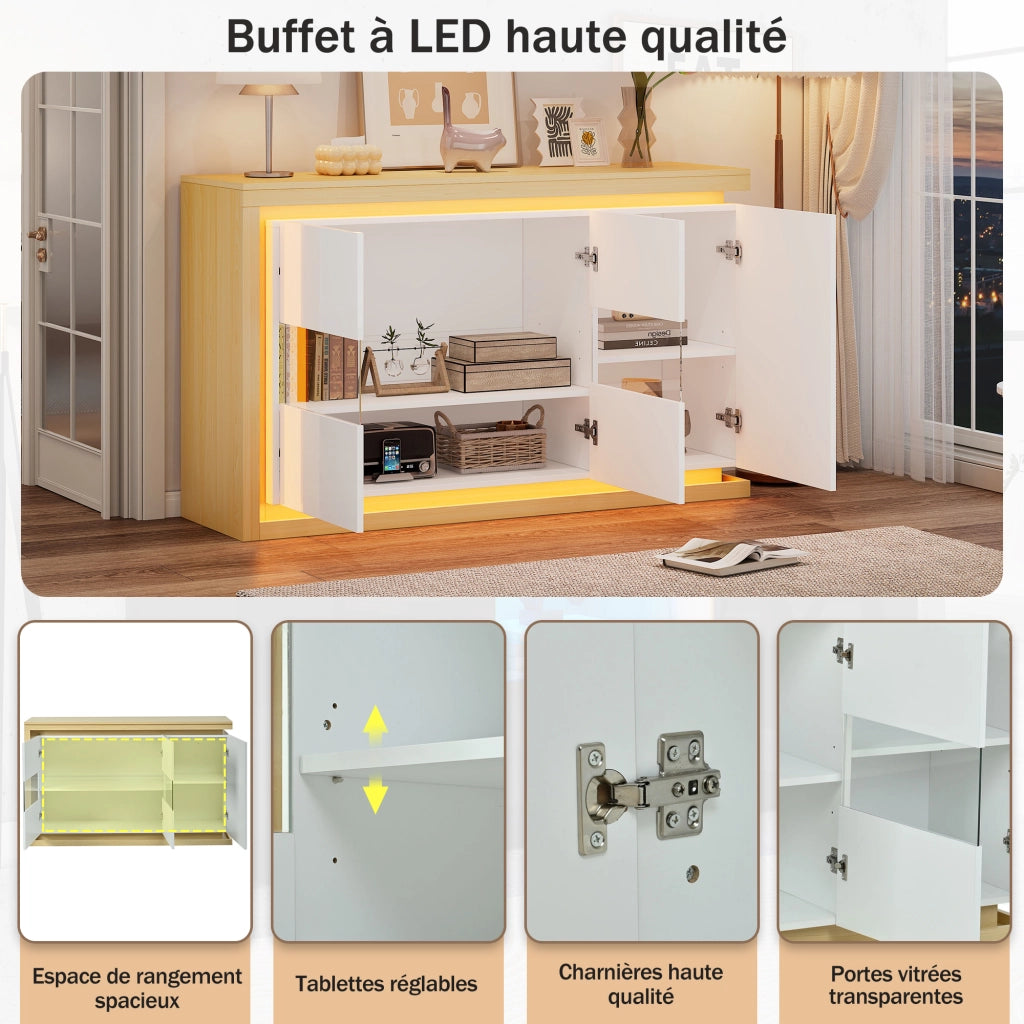 Credenza con 3 ante e ripiani regolabili; illuminazione LED per soggiorno ingresso e ufficio 140 x 40 x 84 cm bianco