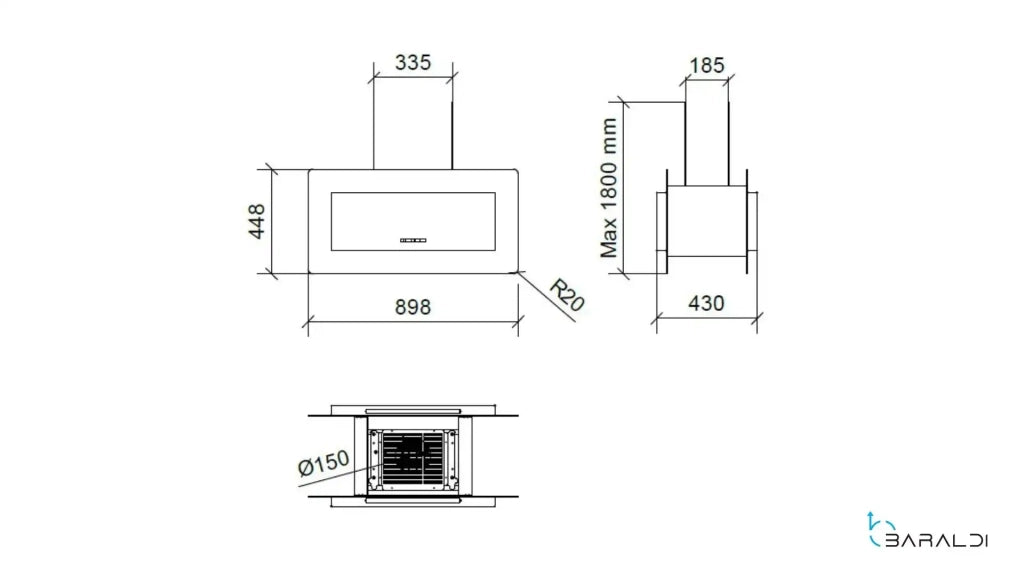 CAPPA TRISIA APPESA cm 90x43 - Inox, vetro Bianco - 800 m3/h