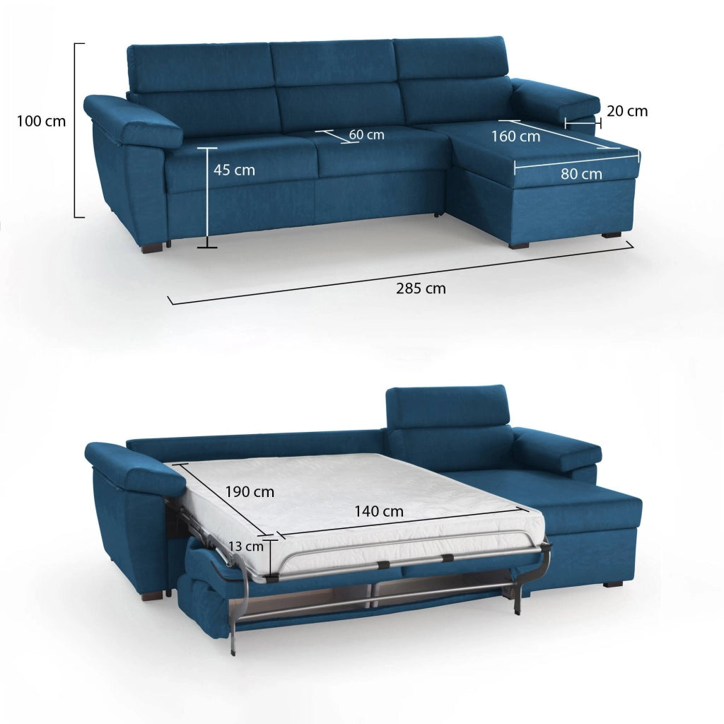 Priverno, Divano Letto con Penisola Sfoderabile Made in Italy, 285x160 cm blu