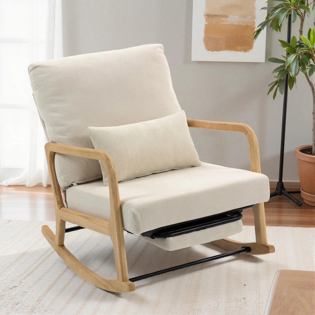 Poltrona a Dondolo con Poggiapiedi e Schienale Aggiustabile ¨C Zephmum ¨C Velluto Crema e Gambe in Legno