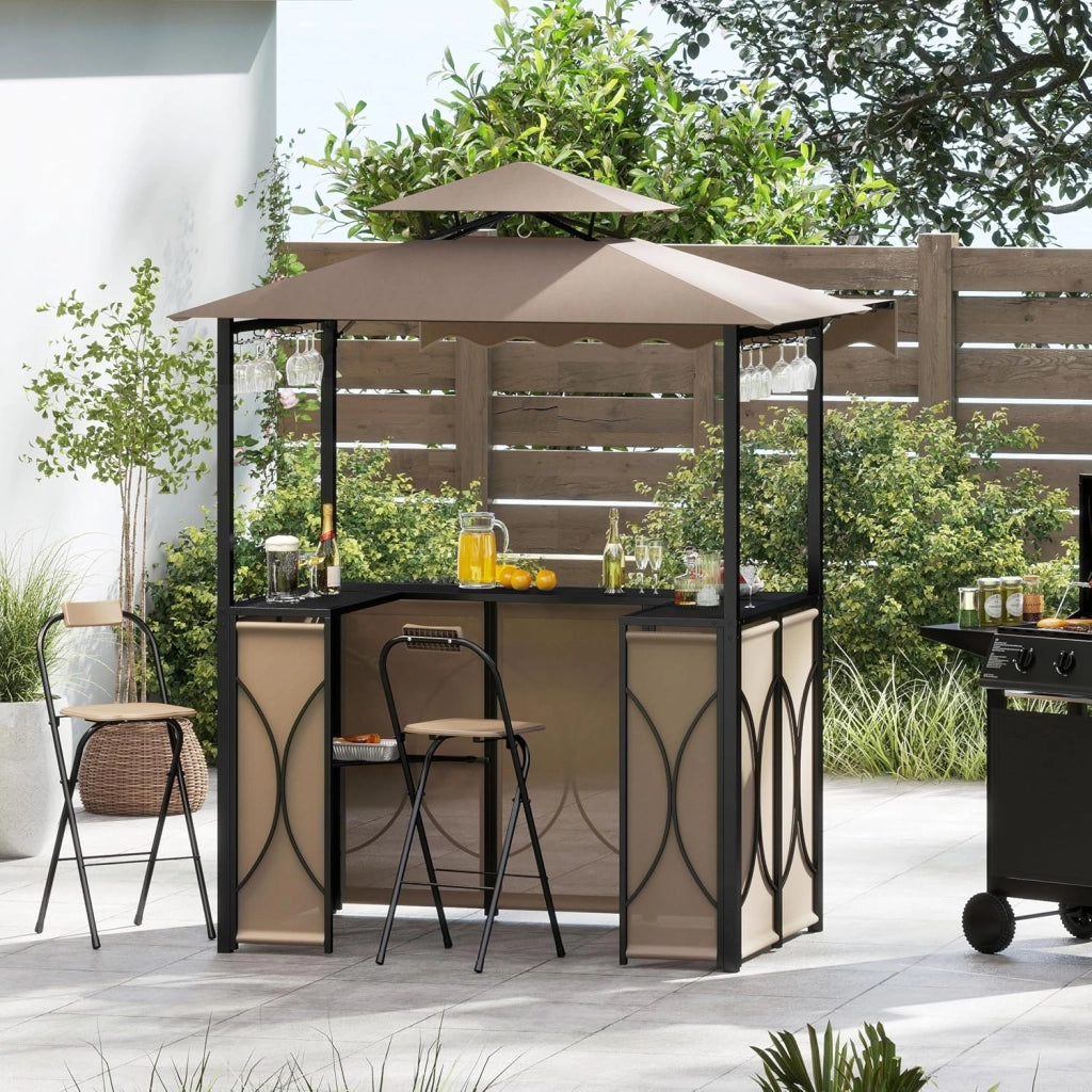 Gazebo per Barbecue, Pergola per BBQ con Tavolo Bar e 2 Sgabelli Bar Pieghevoli, Ripiani di Stoccaggio in Metallo, per Giardino e Cortile, 193 x 117 x 240 cm (Marrone)