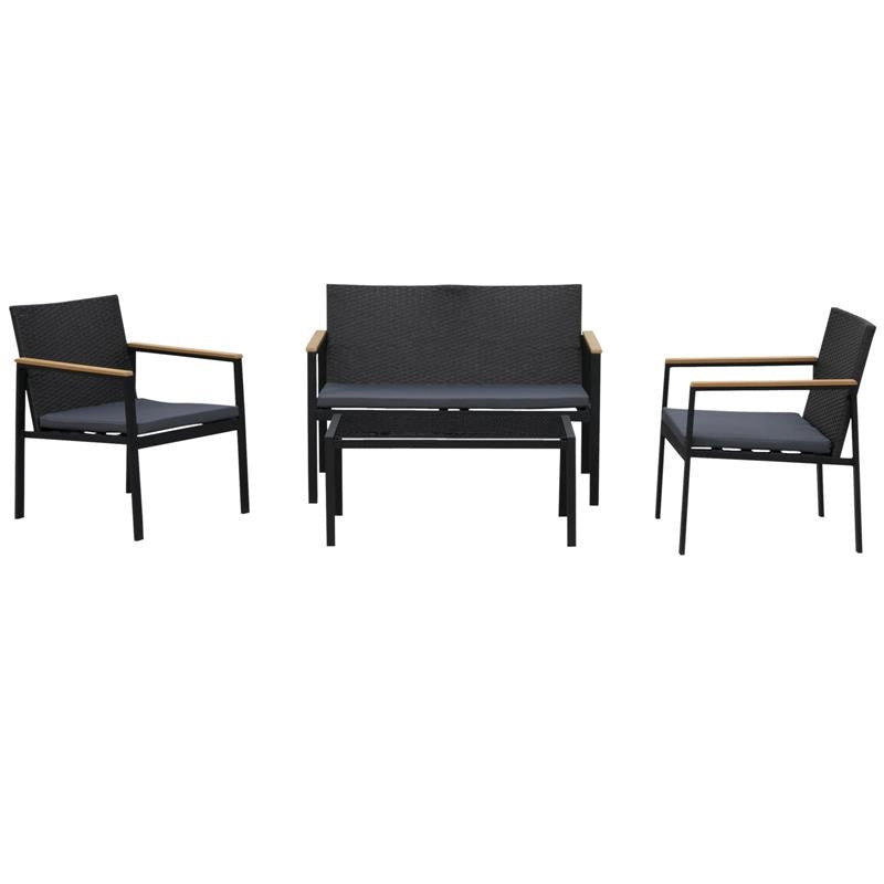 SET 4 PEZZI SALOTTINO DA GIARDINO IN PE RATTAN CON BRACCIOLI IN LEGNO NERO