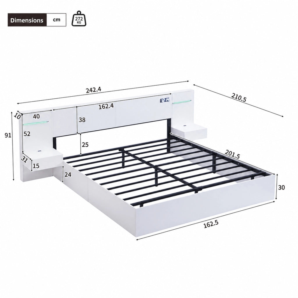 DESMIU Letto matrimoniale 160 × 200 cm con USB-A e USB-C, orologio, Bluetooth, barra luminosa, senza materasso, bianco