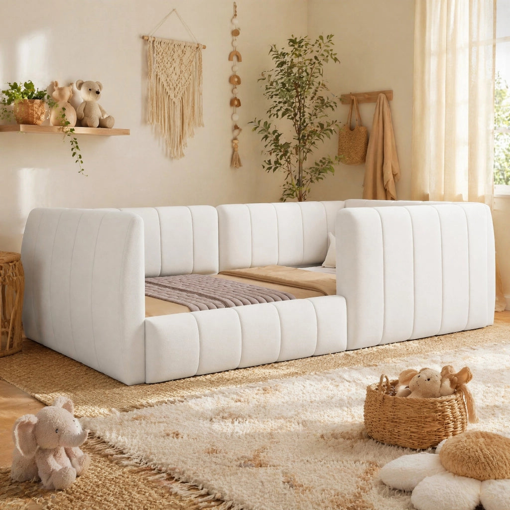 DESMIU Letto bambino 90 × 200 cm con sponda di sicurezza, in MDF e velluto, senza materasso, beige