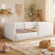 DESMIU Letto bambino 90 × 200 cm con sponda di sicurezza, in MDF e velluto, senza materasso, beige