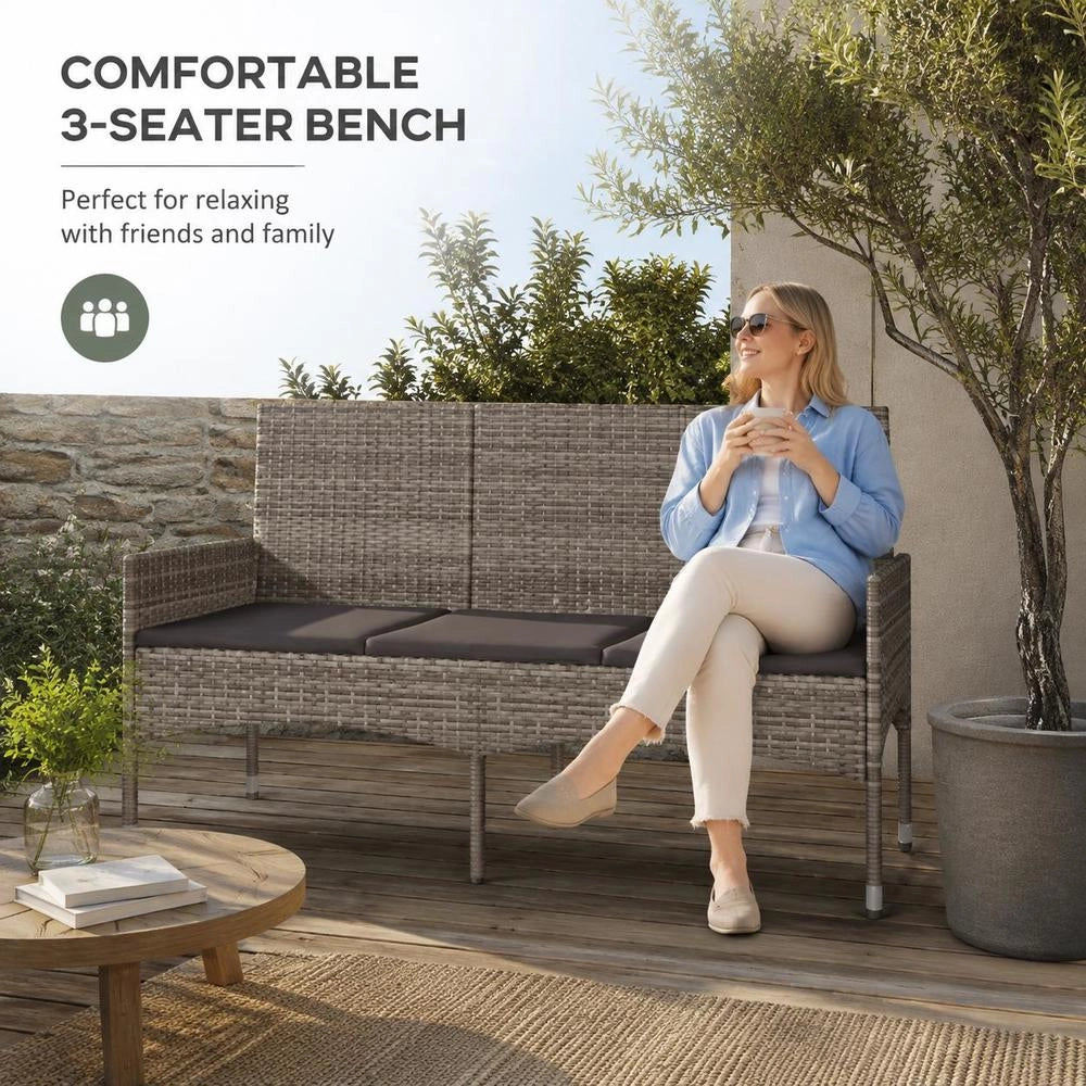 3-seater Garden Bench With Cushions, Grey Poly Rattan
