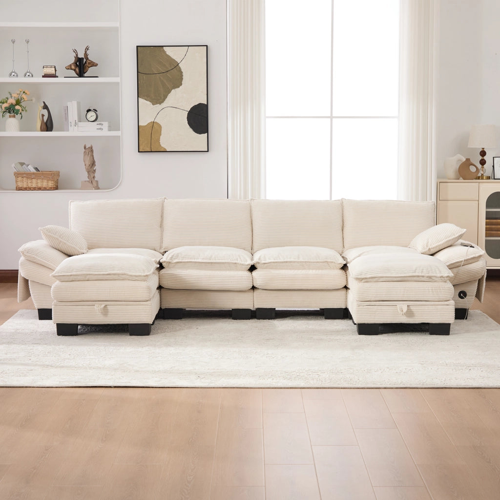Divano modulare 4 posti in velluto a coste con USB-C, tasche laterali e 2 pouf, beige 330 × 132 × 84 cm