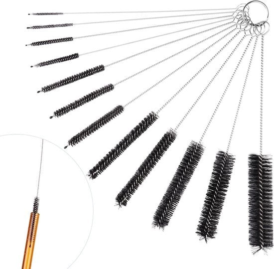 Set di Spazzole per Bottiglie con Spazzole di Pulizia Lunghe - 12 Pezzi - Raccoglitore di Rami in Nylon - Spazzole a Cannello - Set di Pulizia per Bottiglie, Bicchieri, Pipette e Tastiere - Bianco