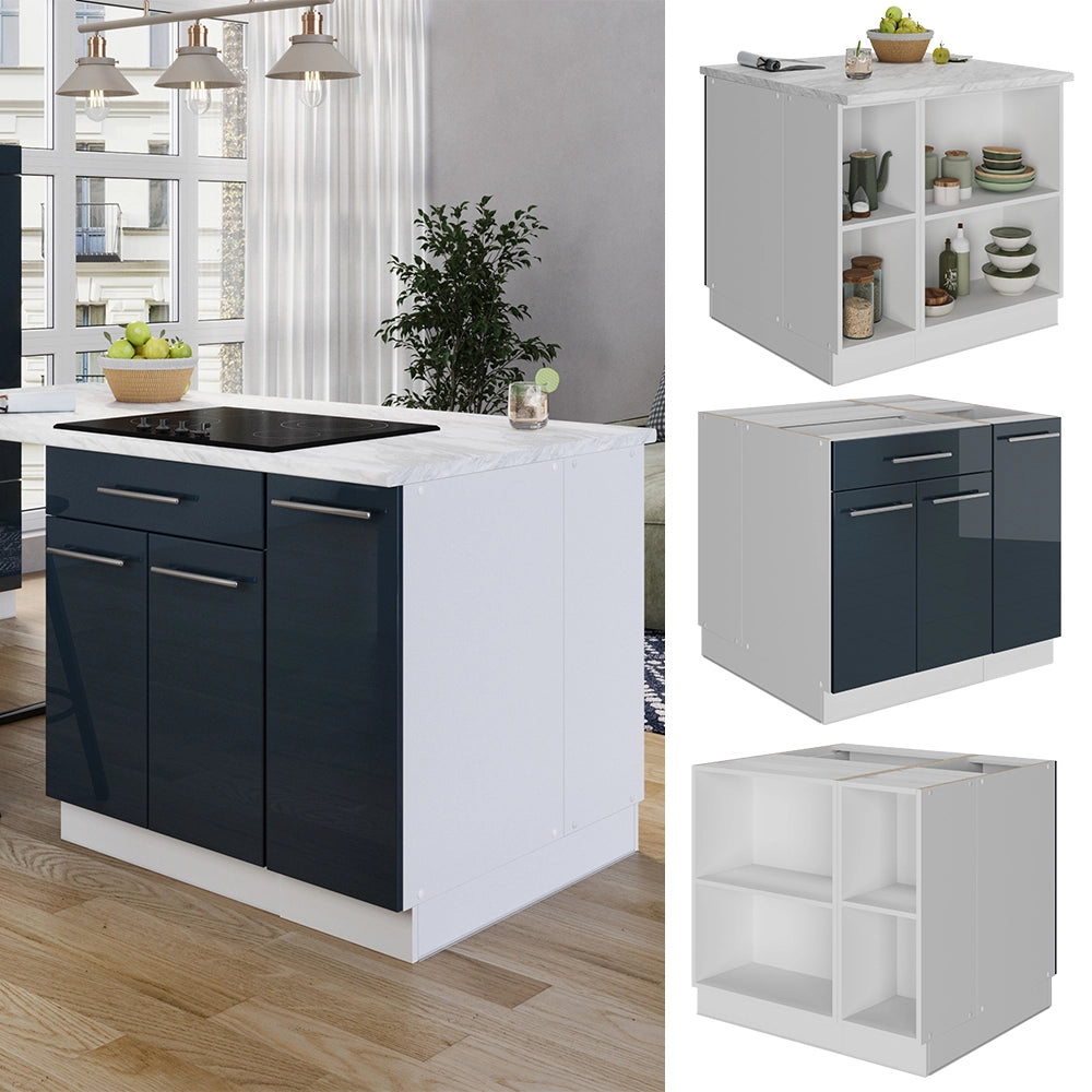 Isola da cucina Fame-Line Blu scuro lucido/Bianco 90 cm con cassetto, senza piano di lavoro Vicco
