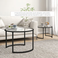 Set 2 Tavolini Sovrapponibili Ø70x47,5 cm e Ø54 x 42,5 cm in Vetro e Acciaio Nero
