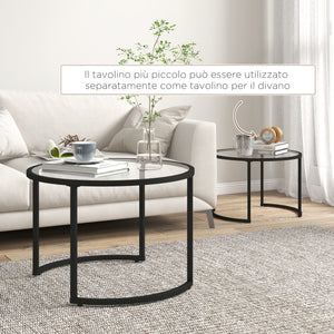 Set 2 Tavolini Sovrapponibili Ø70x47,5 cm e Ø54 x 42,5 cm in Vetro e Acciaio Nero