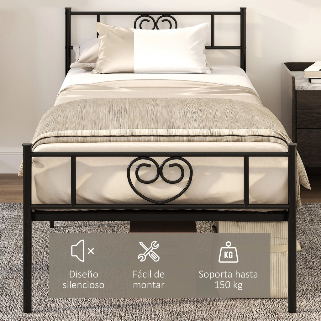 Letto Singolo in Metallo con Testiera a Forma di Cuore ¨C Zephmum ¨C Nero 90x190x31 cm
