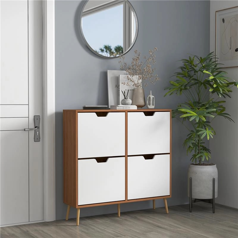 MOBILE SCARPIERA IN TRUCIOLATO E PINO CON 4 CASSETTI E 2 RIPIANI REGOLABILI PER OGNI CASSETTO, 95X26X95 CM
