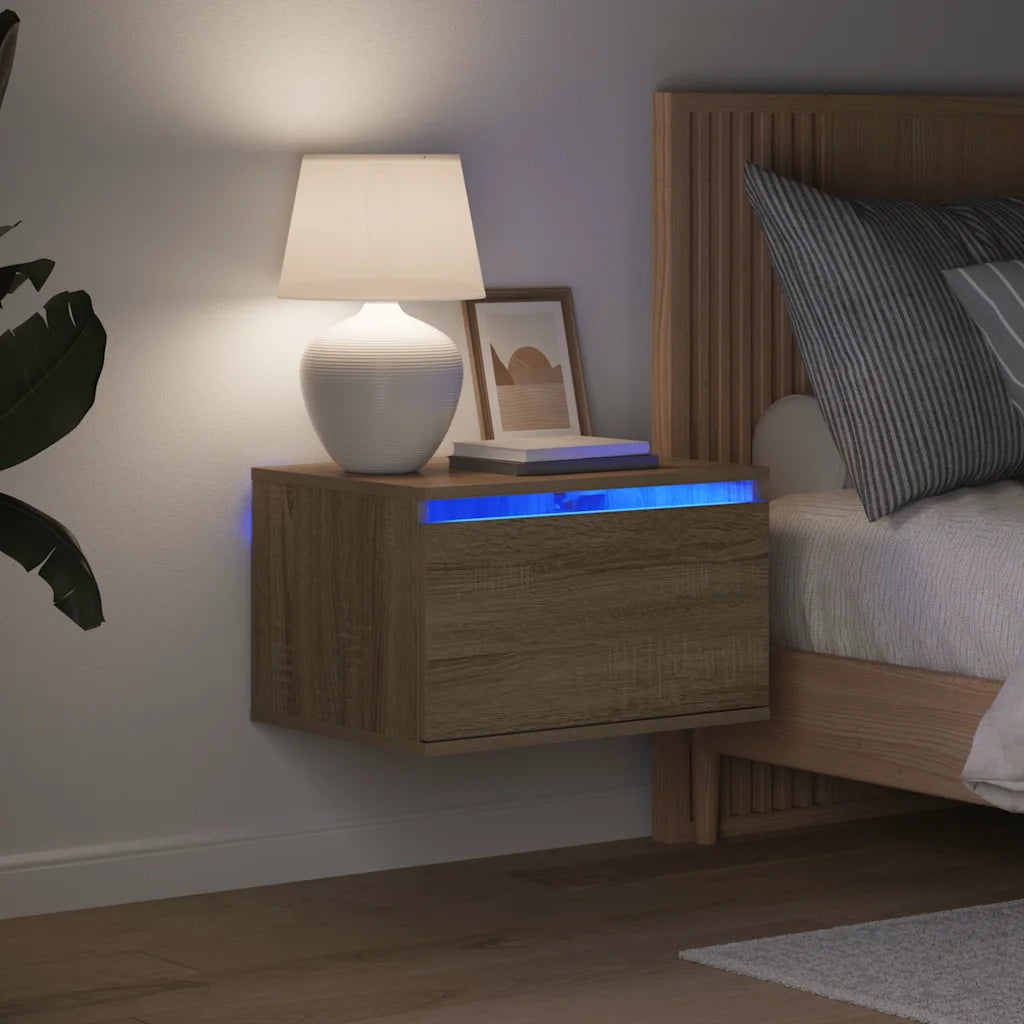 Comodini a Parete con luci LED 2 pz-Set di 2 Tavolino da notte Rovere Sonoma 755618