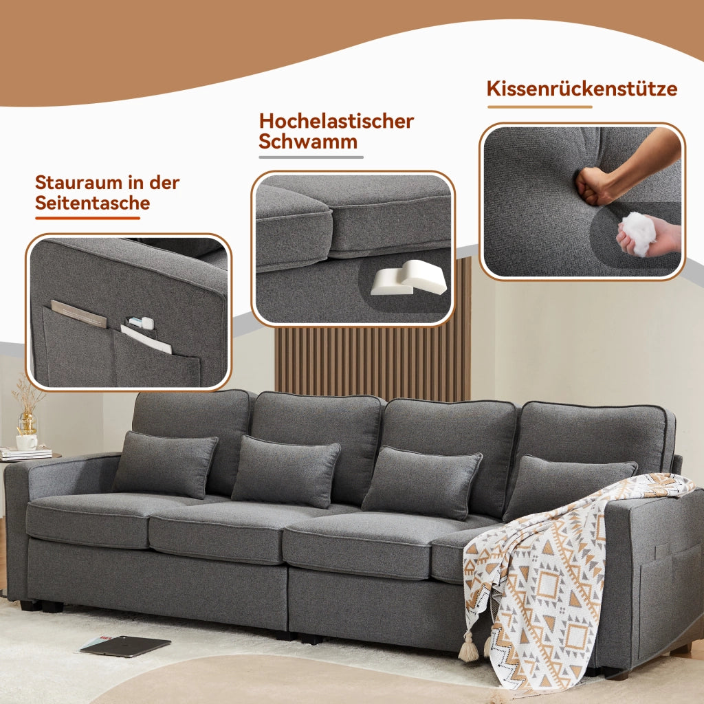 Divano Dritto 4 Posti con Tasche sui Braccioli e 4 Cuscini; Schienale Alto; Seduta Comfort in Lino Grigio Scuro